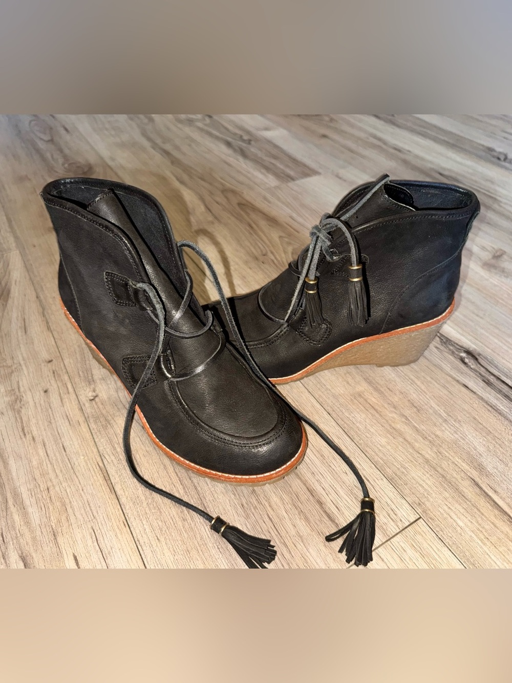 Bass Black Wedge Ankle Booties with Tassel Laces